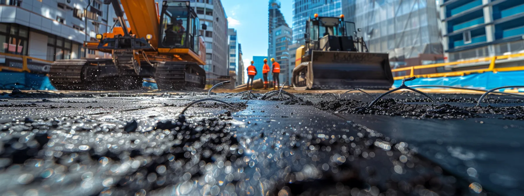 a close-up view of a construction site featuring freshly laid asphalt overlay with construction workers inspecting its installation, set against a backdrop of urban buildings under a clear blue sky, highlighting the importance of quality techniques and maintenance for longevity.