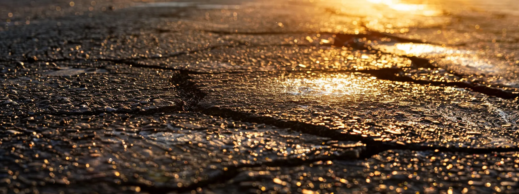 a close-up view of freshly sealed asphalt cracks glistening under the soft morning sunlight, revealing the texture and sheen that demonstrate the important yet limited role of crack sealing in preventing water infiltration and maintaining pavement integrity.