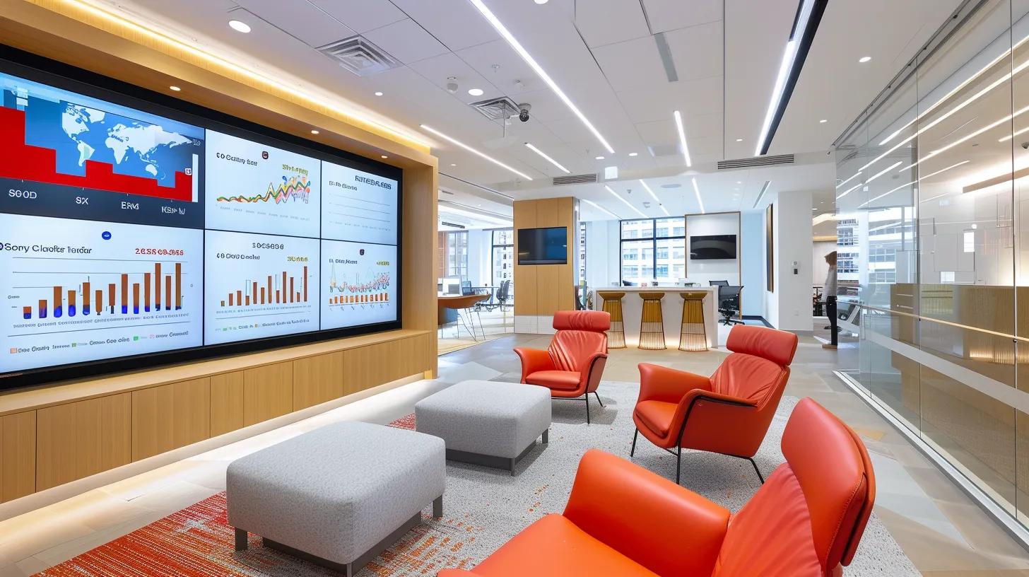 a close-up view of a modern office space with a large digital screen displaying fluctuating graphs of the canadian dollar and gold prices, surrounded by sleek financial charts and analytical reports, emphasizing the critical relationship between currency performance and gold investment in canada. Future Gold Prices: a close-up view of a modern office space with a large digital screen displaying fluctuating graphs of the canadian dollar and gold prices, surrounded by sleek financial charts and analytical reports, emphasizing the critical relationship between currency performance and gold investment in canada.