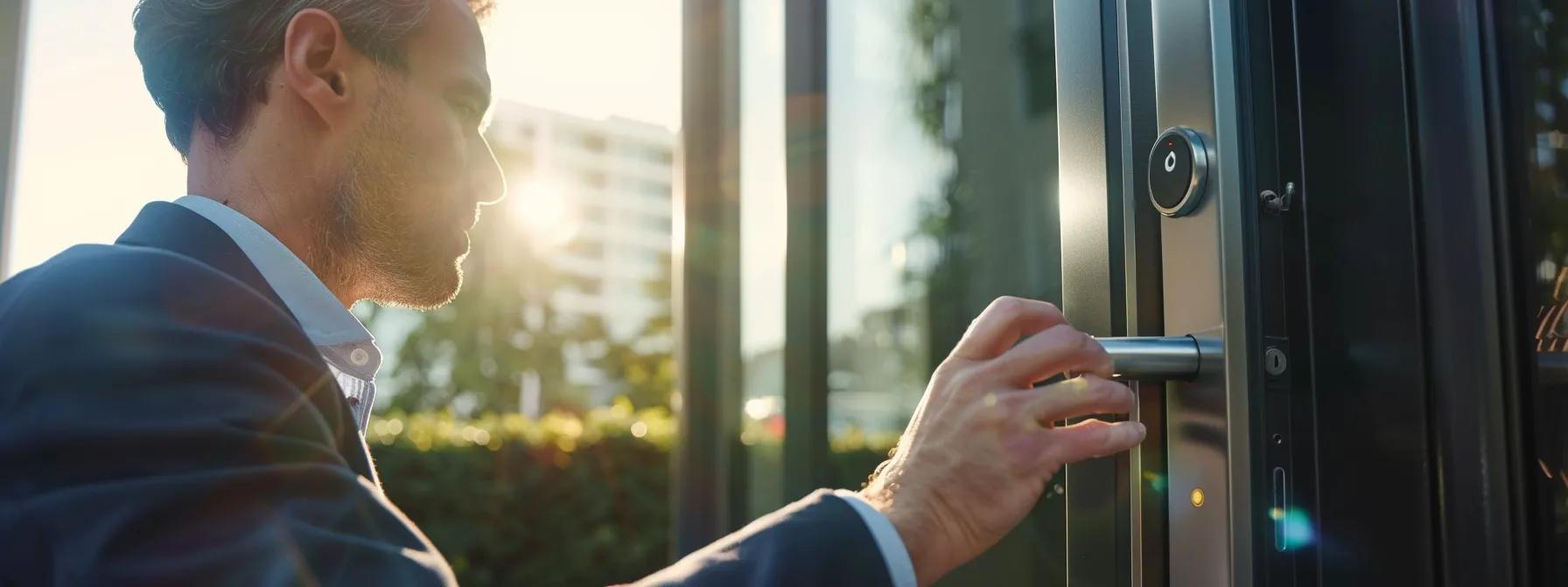 a close-up of a skilled locksmith expertly installing a modern smart lock on a sleek residential front door, with an urban backdrop that subtly conveys a sense of safety and contemporary living.