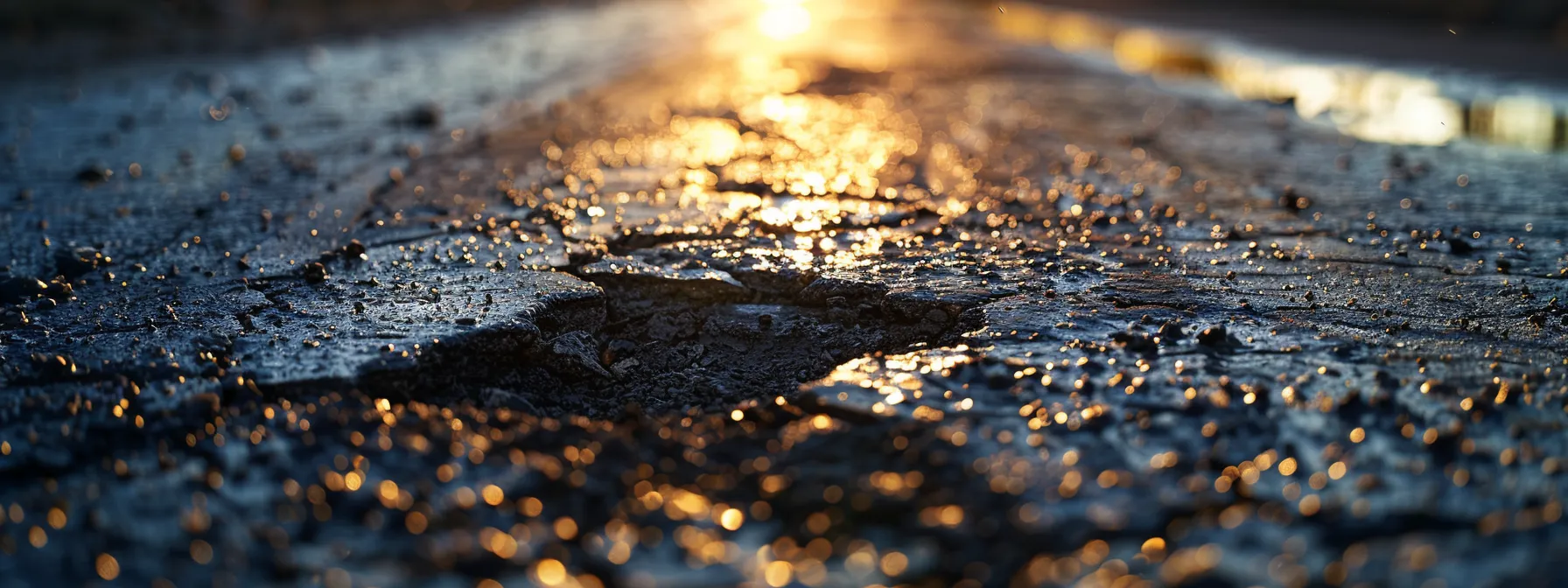 a close-up view of a smooth asphalt surface prominently featuring a deep pothole being skillfully repaired, illuminated by warm afternoon sunlight, highlighting the meticulous texture of the surrounding pavement.