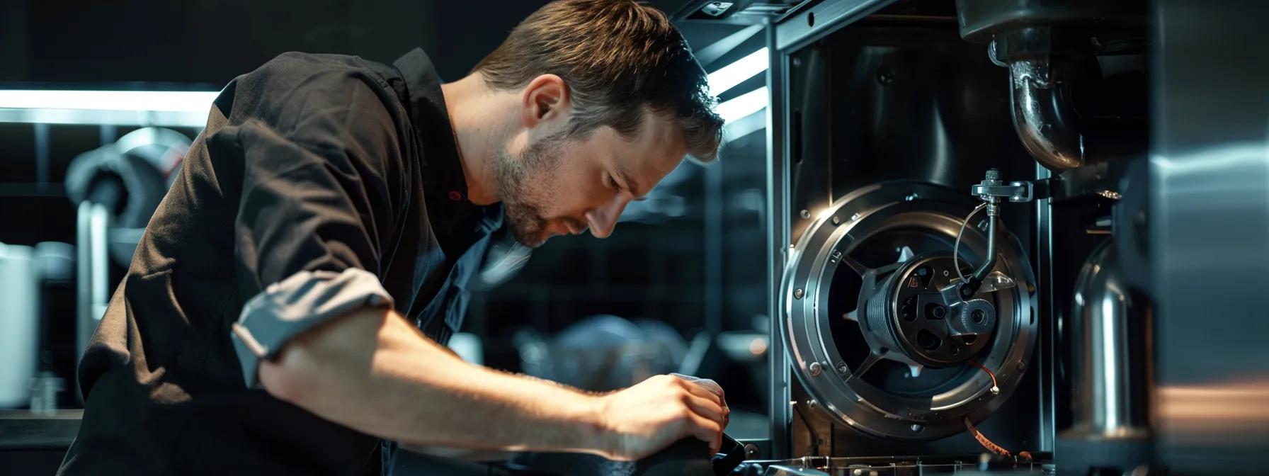 a close-up of a professional plumber inspecting a modern garbage disposal unit in a sleek kitchen, illuminated by overhead led lights, revealing signs of clogging and corrosion to emphasize common household issues. a close-up of a professional plumber inspecting a modern garbage disposal unit in a sleek kitchen, illuminated by overhead led lights, revealing signs of clogging and corrosion to emphasize common household issues.