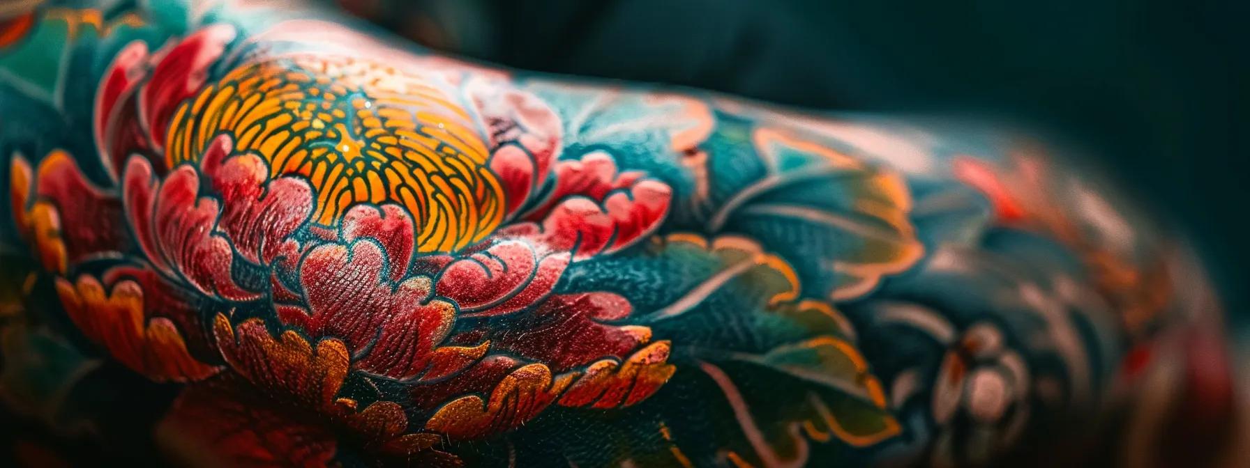 a close-up of vibrant, freshly inked tattoo artwork glistening under soft natural light, highlighting the intricate details and rich colors against smooth, supple skin, symbolizing the beauty of tattoo aftercare.