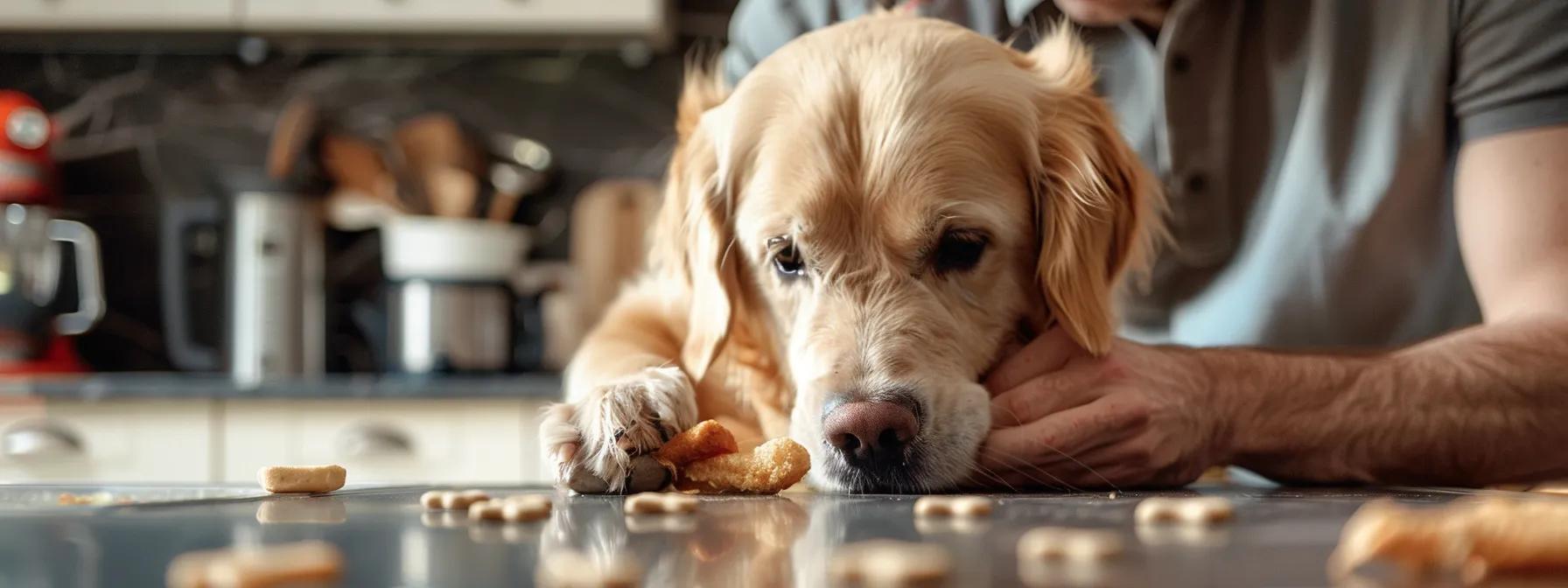 a close-up of a concerned dog owner examining a torn rawhide chew in a modern, well-lit kitchen, highlighting the potential safety risks associated with dog treats. a close-up of a concerned dog owner examining a torn rawhide chew in a modern, well-lit kitchen, highlighting the potential safety risks associated with dog treats.