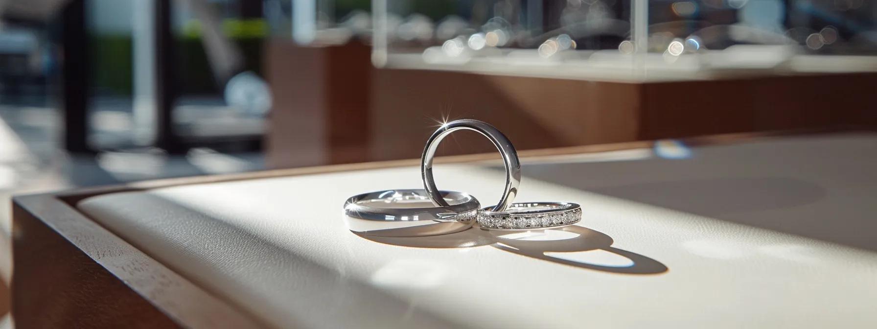a close-up shot of a sophisticated jewelry display showcasing a gleaming platinum ring next to a white gold ring, set against a sleek, modern office backdrop that highlights their contrasting finishes and durability. a close-up shot of a sophisticated jewelry display showcasing a gleaming platinum ring next to a white gold ring, set against a sleek, modern office backdrop that highlights their contrasting finishes and durability.