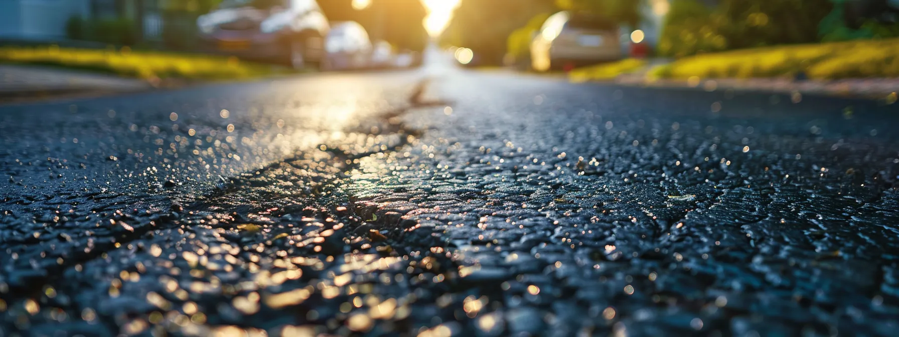 a close-up view of a freshly repaired asphalt surface gleaming in the sunlight, showcasing the texture of a durable sealant that effectively masks potholes and oil damage, set against a contrasting backdrop of vibrant green grass and modern vehicles.