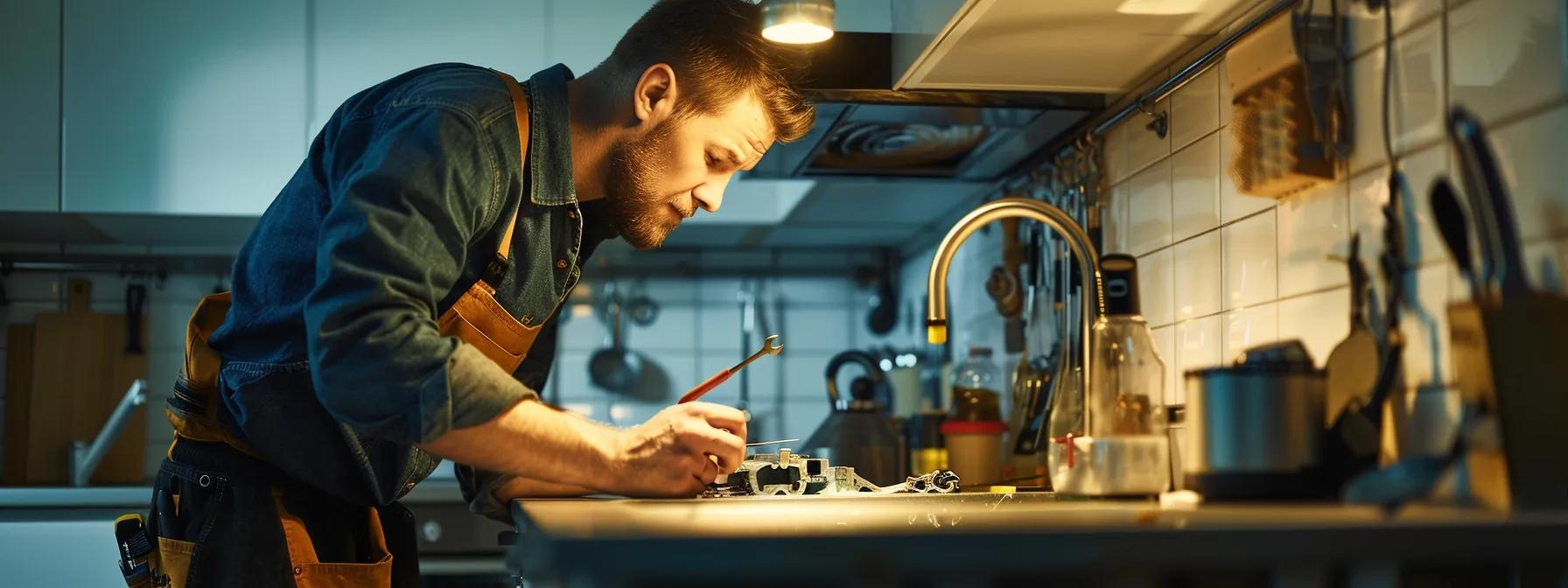 a close-up shot of a professional plumber in a modern kitchen, skillfully using a hex wrench to manually rotate the motor shaft of a jammed waste disposal unit, surrounded by tools and an open toolbox, with dramatic overhead lighting emphasizing the intricate components of the appliance. a close-up shot of a professional plumber in a modern kitchen, skillfully using a hex wrench to manually rotate the motor shaft of a jammed waste disposal unit, surrounded by tools and an open toolbox, with dramatic overhead lighting emphasizing the intricate components of the appliance.