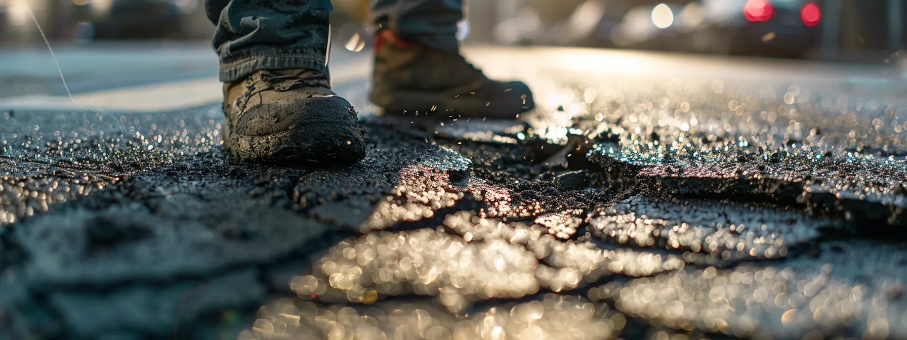 a close-up view of a professional applying crack filler to a well-worn asphalt surface in an urban san diego setting, highlighting the meticulous repair process in bright artificial lighting.