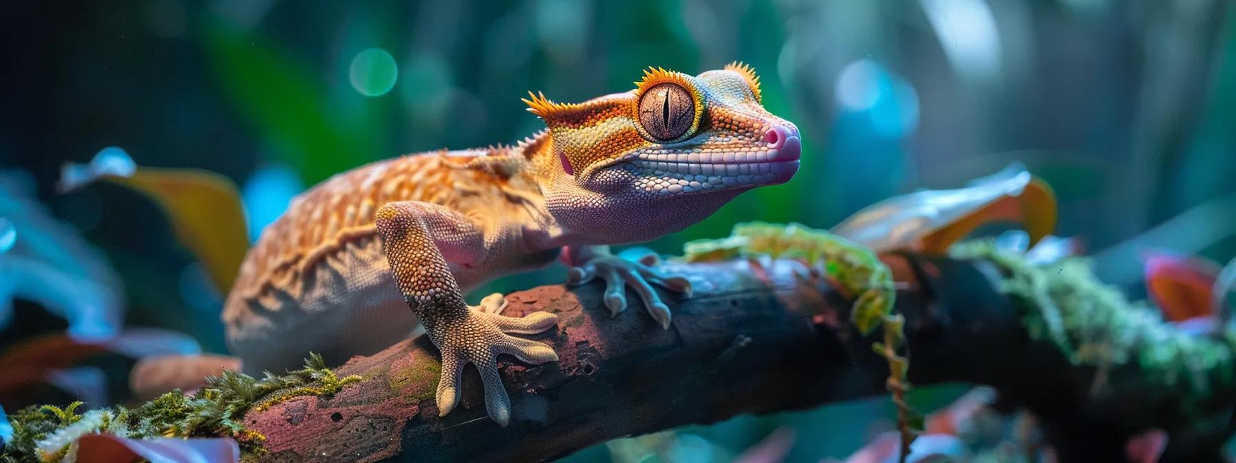 a close-up view of a crested gecko perched on a sleek, modern terrarium, showcasing signs of temperature stress with mottled skin and a lethargic posture against a vibrant indoor background, illuminated by soft, artificial lighting to highlight the gecko's condition. a close-up view of a crested gecko perched on a sleek, modern terrarium, showcasing signs of temperature stress with mottled skin and a lethargic posture against a vibrant indoor background, illuminated by soft, artificial lighting to highlight the gecko's condition.