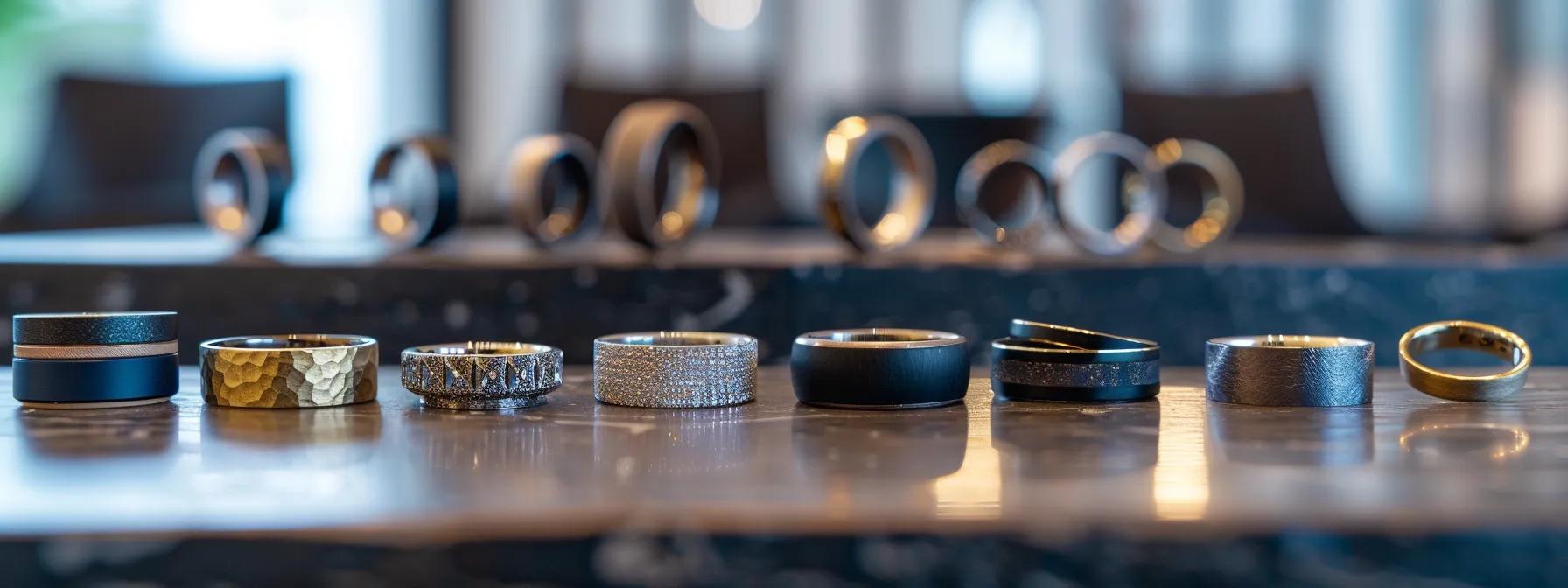 a close-up shot captures a striking assortment of non-traditional wedding bands made from cobalt, tungsten carbide, and meteorite, displayed elegantly on a sleek, modern office desk against a backdrop of minimalistic decor, highlighting their unique textures and colors. a close-up shot captures a striking assortment of non-traditional wedding bands made from cobalt, tungsten carbide, and meteorite, displayed elegantly on a sleek, modern office desk against a backdrop of minimalistic decor, highlighting their unique textures and colors.