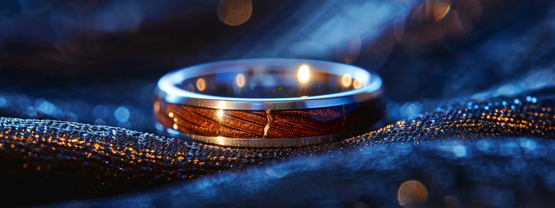 a close-up shot of a stunning custom tungsten ring with a polished silver shine and intricate wood inlay, elegantly displayed on a richly textured velvet surface, illuminated by soft, focused lighting to highlight its unique features and craftsmanship. a close-up shot of a stunning custom tungsten ring with a polished silver shine and intricate wood inlay, elegantly displayed on a richly textured velvet surface, illuminated by soft, focused lighting to highlight its unique features and craftsmanship.