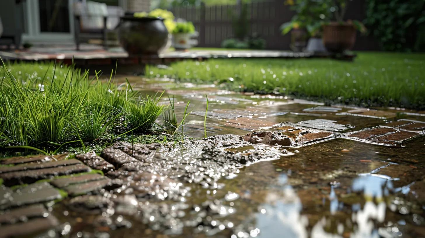 a close-up view of a compacted lawn with visibly thinning grass and pooling water, set against a suburban backyard backdrop featuring a brick patio and garden tools, emphasizing the detrimental effects of soil compaction on lawn vitality. a close-up view of a compacted lawn with visibly thinning grass and pooling water, set against a suburban backyard backdrop featuring a brick patio and garden tools, emphasizing the detrimental effects of soil compaction on lawn vitality.