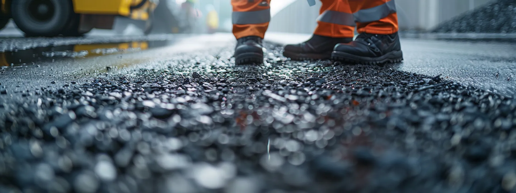 a close-up view of a professional asphalt engineer examining a smooth black asphalt surface with analytical tools in a modern urban construction site, highlighting the precision and complexity of asphalt mix application.