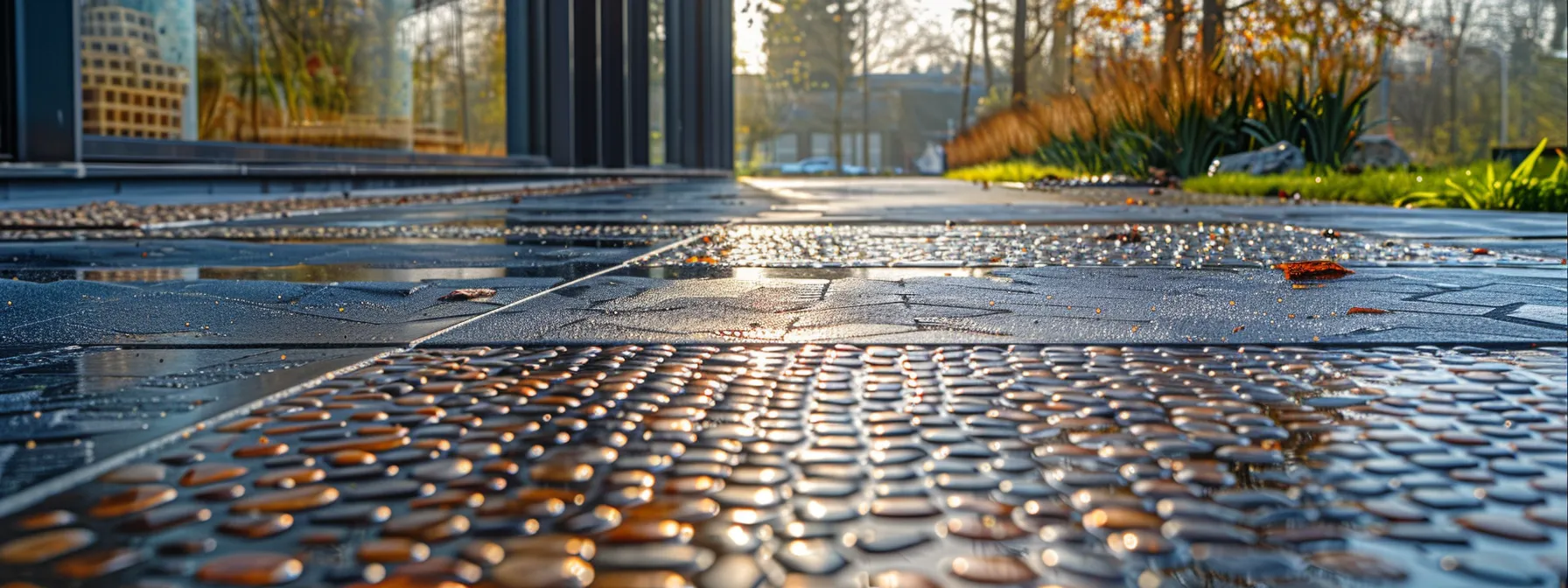 a close-up view of a modern urban landscape featuring a meticulously arranged installation of permeable pavers, showcasing their intricate design while elegantly allowing water to filter through, set against a sleek contemporary building backdrop. a close-up view of a modern urban landscape featuring a meticulously arranged installation of permeable pavers, showcasing their intricate design while elegantly allowing water to filter through, set against a sleek contemporary building backdrop.