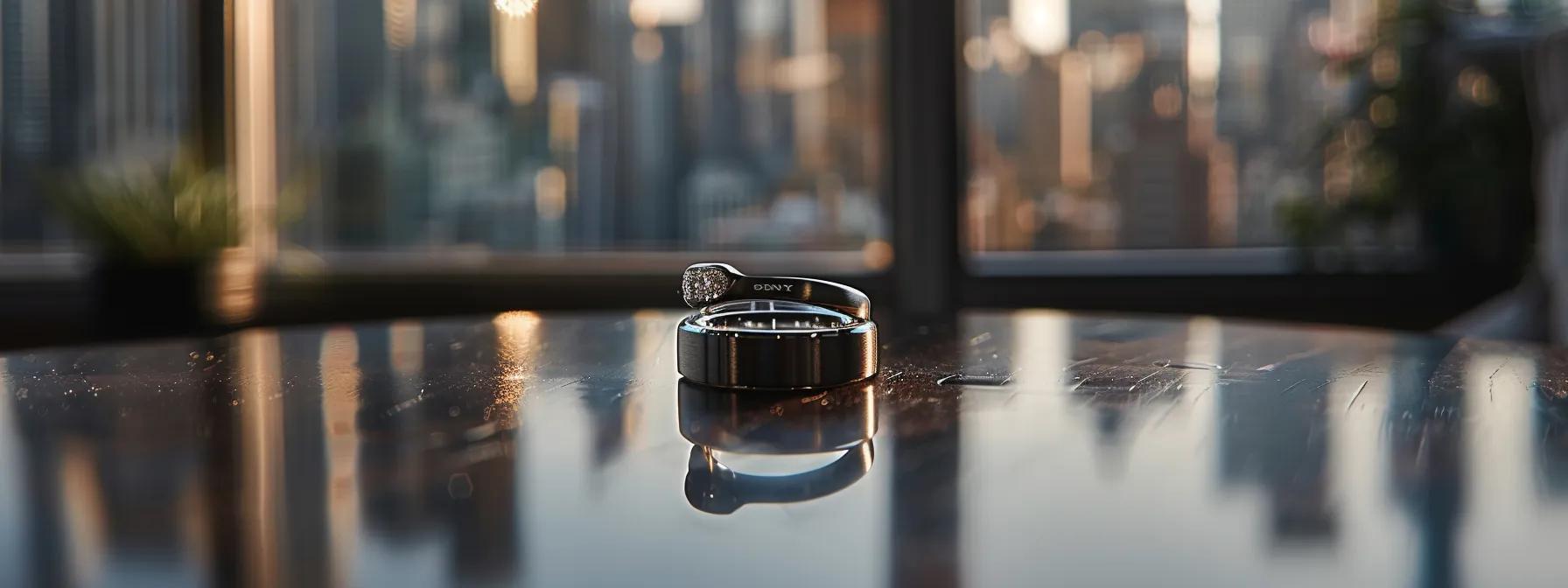 a close-up on a stylish men's promise ring displayed in a sleek modern office setting, with soft focused city skyline views through a large window, underscoring the theme of contemporary commitment.