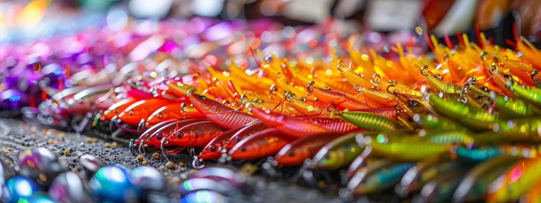a close-up shot of different colorful baits arranged neatly on a table, with each type clearly labeled, ready to be selected for specific fish species. a close-up shot of different colorful baits arranged neatly on a table, with each type clearly labeled, ready to be selected for specific fish species.