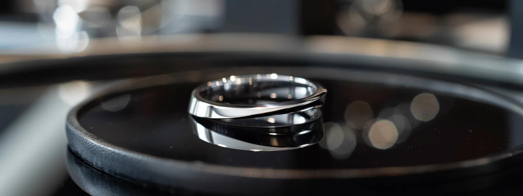 a close-up of a sophisticated platinum ring, showcasing its polished luster and dense craftsmanship, elegantly positioned on a sleek black velvet surface in an upscale jewelry store setting, highlighting its premium quality and timeless appeal. a close-up of a sophisticated platinum ring, showcasing its polished luster and dense craftsmanship, elegantly positioned on a sleek black velvet surface in an upscale jewelry store setting, highlighting its premium quality and timeless appeal.