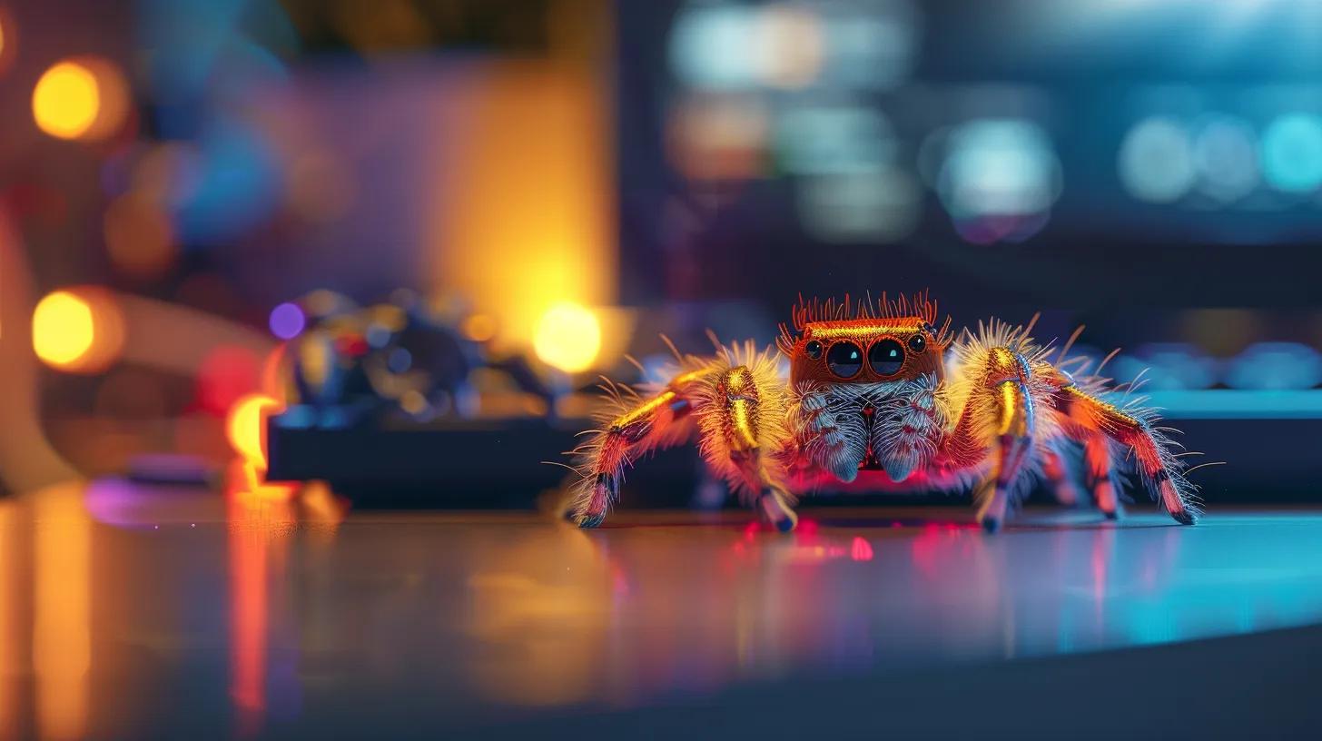 a close-up view of a vibrant and intricately patterned jumping spider poised on a sleek, modern office desk, emphasizing its striking features and keen gaze against a blurred urban background. a close-up view of a vibrant and intricately patterned jumping spider poised on a sleek, modern office desk, emphasizing its striking features and keen gaze against a blurred urban background.