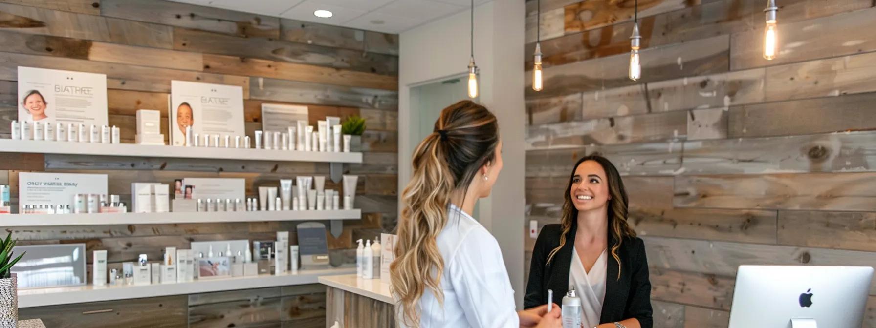 a close-up view of a stylish, modern reception area in a waxing salon, showcasing a well-organized display of glowing client testimonials on glossy boards, while a professional aesthetician greets a client with a warm smile, emphasizing a welcoming and trusted atmosphere.