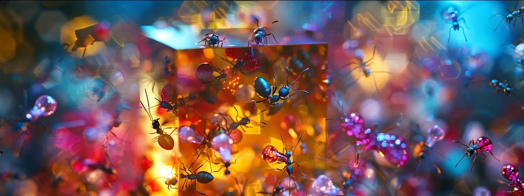a close-up of a vibrant and meticulously arranged ant cube, showcasing various ant species engaged in dynamic social interactions and foraging activities under an artificial light setup, emphasizing the intricate and organized behavior within their habitat. a close-up of a vibrant and meticulously arranged ant cube, showcasing various ant species engaged in dynamic social interactions and foraging activities under an artificial light setup, emphasizing the intricate and organized behavior within their habitat.