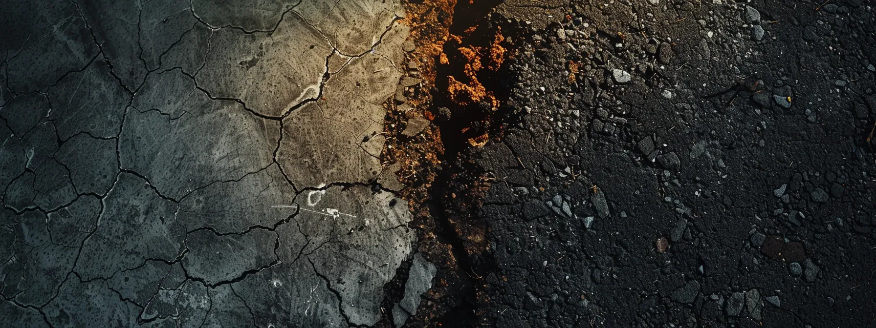 a close-up shot of cracked and worn asphalt paving next to well-maintained concrete, showcasing the contrast in maintenance needs between the two materials. a close-up shot of cracked and worn asphalt paving next to well-maintained concrete, showcasing the contrast in maintenance needs between the two materials.