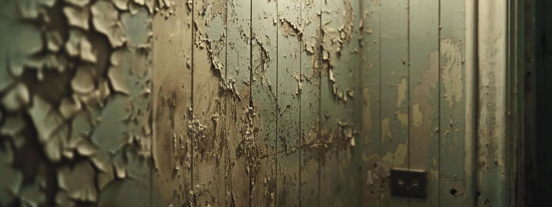 a close-up view of a dimly lit, cluttered basement corner with peeling paint and a hidden, damp spot behind a wall panel, illustrating the potential for concealed mold growth in neglected spaces. a close-up view of a dimly lit, cluttered basement corner with peeling paint and a hidden, damp spot behind a wall panel, illustrating the potential for concealed mold growth in neglected spaces.