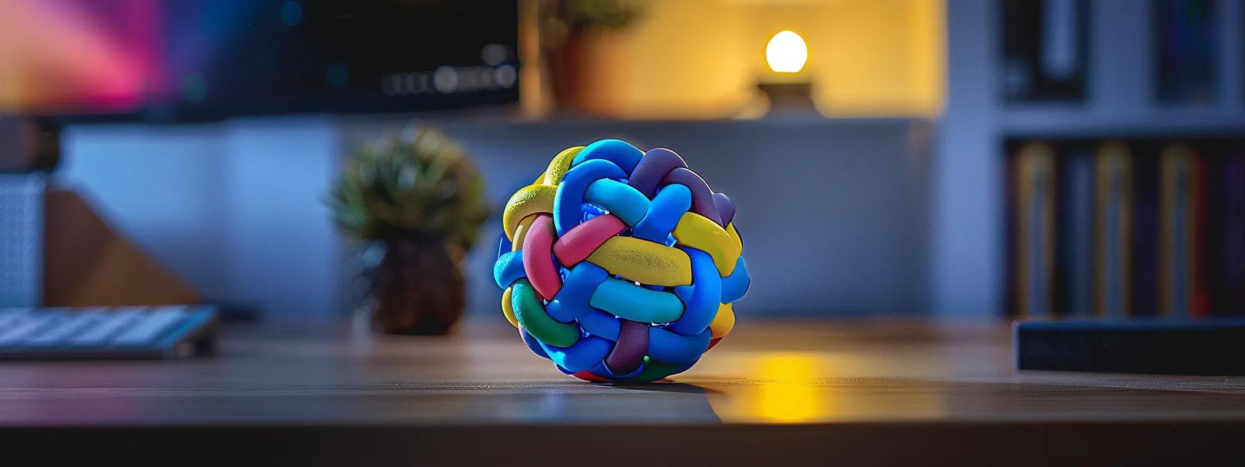 a close-up shot of a vibrant, textured dog chew toy displayed on a sleek office desk, emphasizing its durable materials and bold colors under dramatic artificial lighting to highlight its safety features and appeal to discerning pet owners.