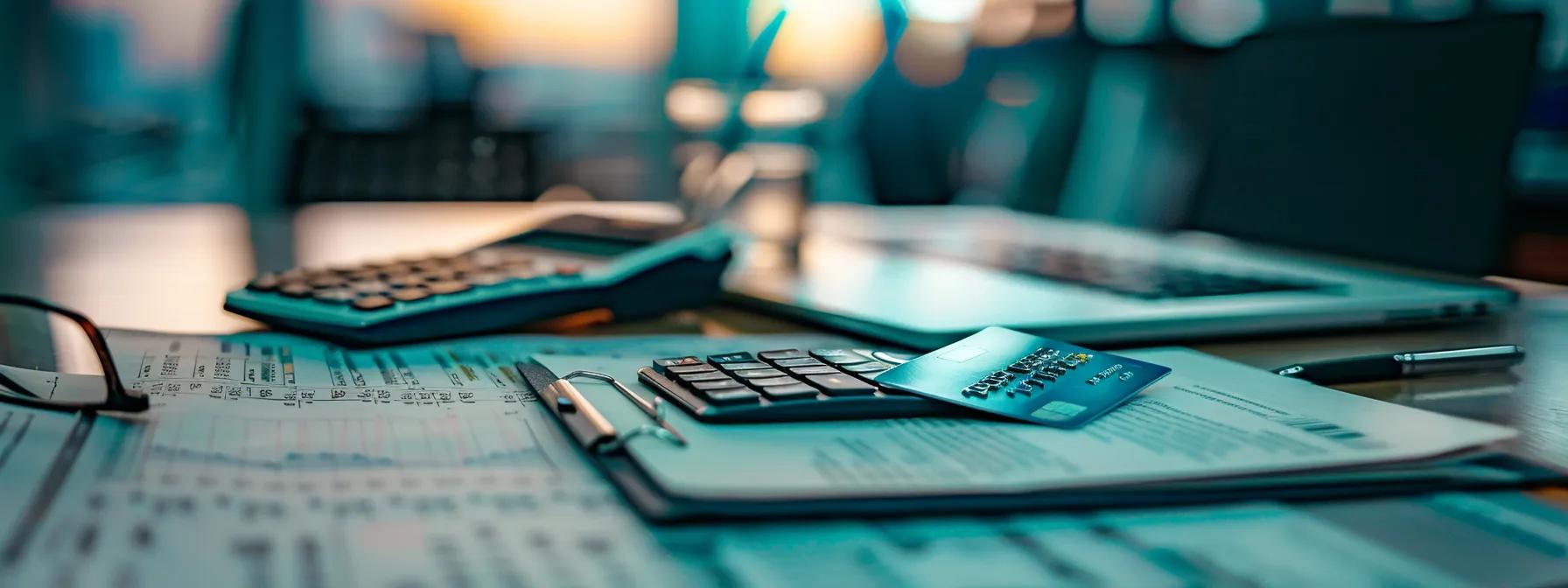 a close-up shot of a modern office desk displaying a sleek credit card, a digital calculator, and a detailed financial report illuminated by bright overhead lighting, emphasizing the contrast between interest rates and apr in a dynamic business setting.