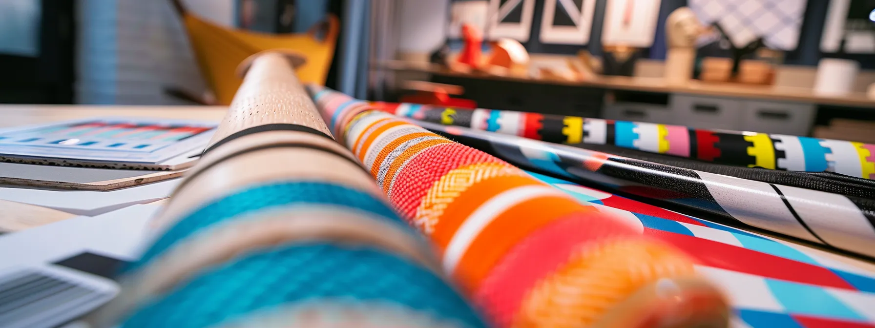 a close-up of a stylish, custom cricket bat showcasing vibrant grips and personalised stickers, set against an elegant office backdrop with design sketches and colour swatches, highlighting the bespoke tailoring process. a close-up of a stylish, custom cricket bat showcasing vibrant grips and personalised stickers, set against an elegant office backdrop with design sketches and colour swatches, highlighting the bespoke tailoring process.