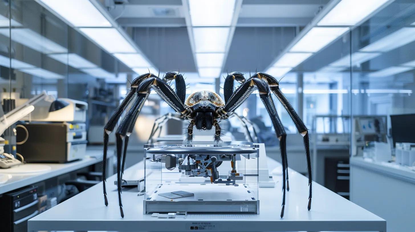 a close-up view of a sleek, modern laboratory workspace filled with intricate spider specimen observation equipment, illuminated by bright overhead lights, emphasizes the intricate behavioral analysis in spider classification. a close-up view of a sleek, modern laboratory workspace filled with intricate spider specimen observation equipment, illuminated by bright overhead lights, emphasizes the intricate behavioral analysis in spider classification.