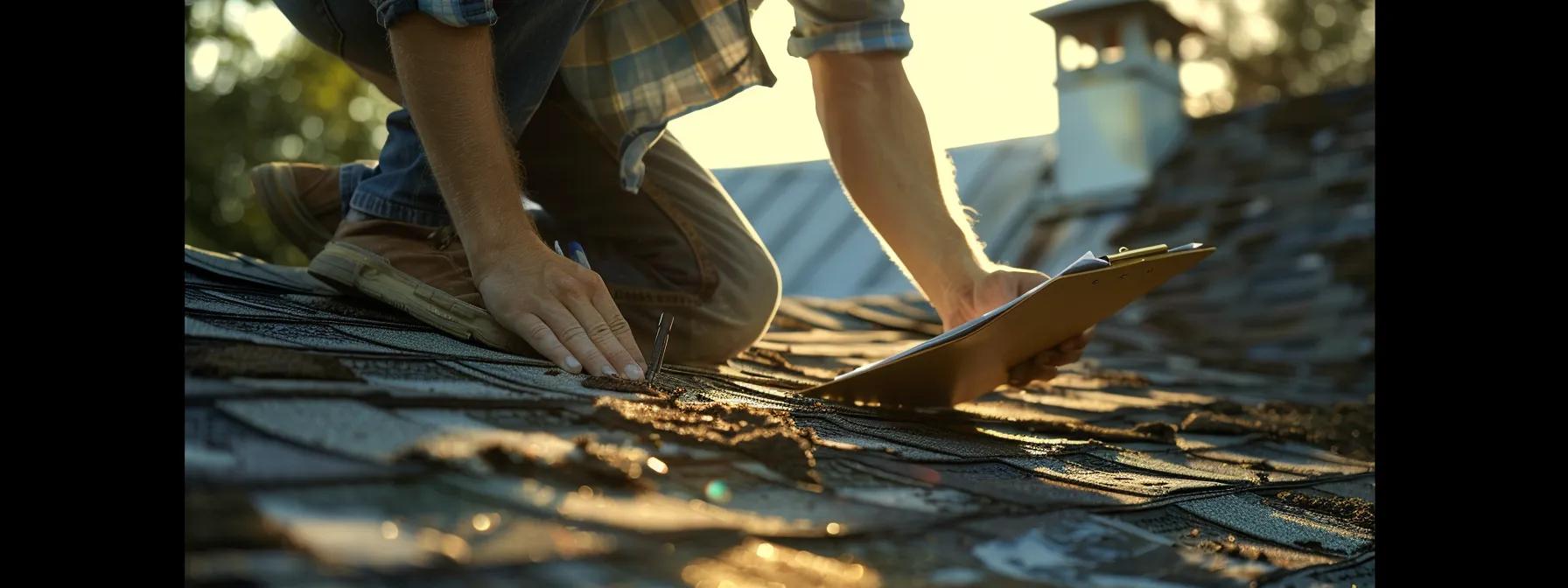 a close-up view of a professional roofing inspector examining a weathered shingle roof, highlighting critical areas of concern such as cracked, curling shingles and signs of algae growth, with a clipboard and flashlight positioned nearby under crisp artificial lighting for clarity and focus on maintenance practices. a close-up view of a professional roofing inspector examining a weathered shingle roof, highlighting critical areas of concern such as cracked, curling shingles and signs of algae growth, with a clipboard and flashlight positioned nearby under crisp artificial lighting for clarity and focus on maintenance practices.
