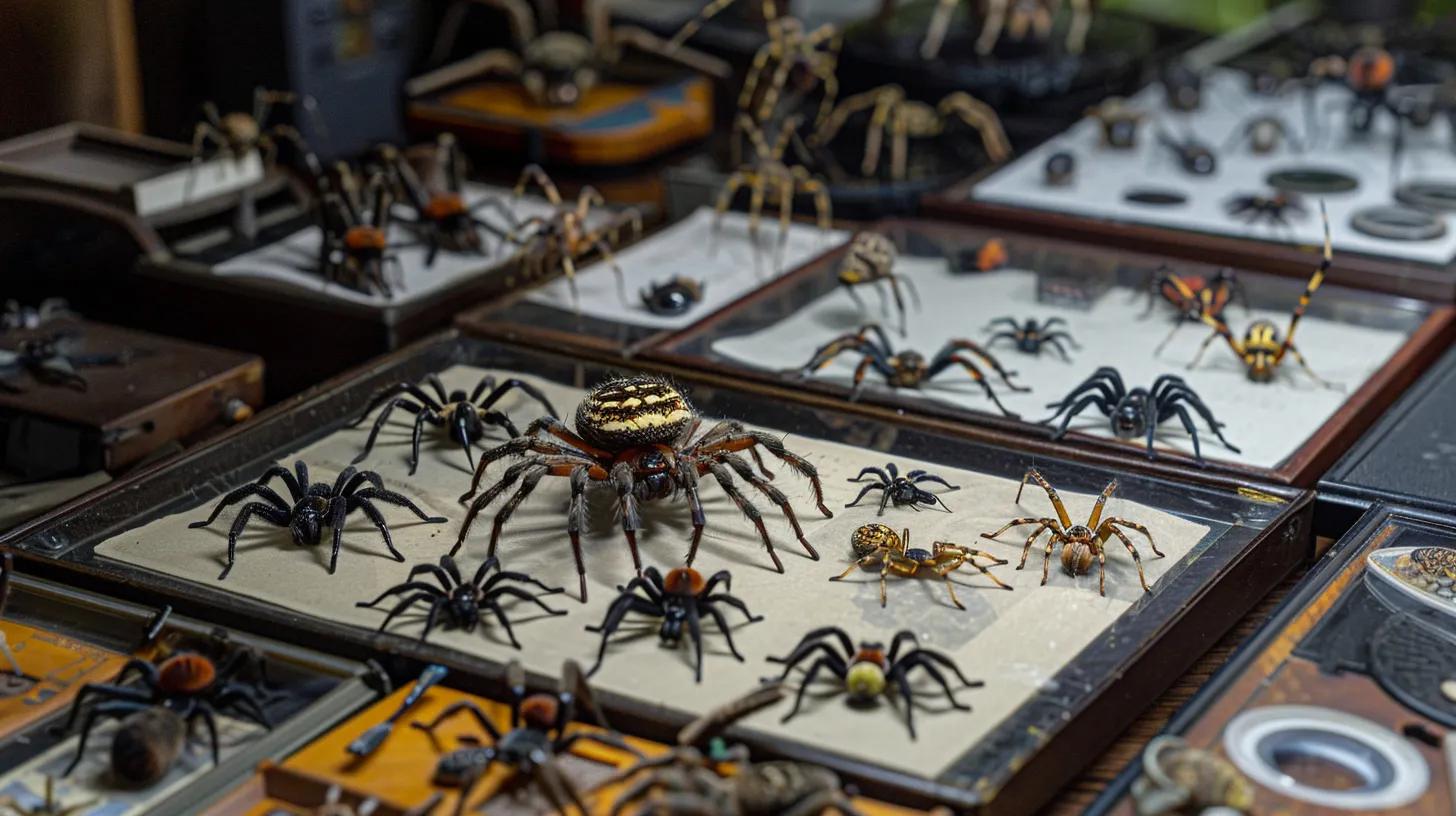a close-up view of a meticulously arranged entomology workstation, showcasing various spider specimens displayed under glass, surrounded by detailed reference guides and magnifying tools, emphasizing the analytical process of identifying spider types through their unique physical traits. a close-up view of a meticulously arranged entomology workstation, showcasing various spider specimens displayed under glass, surrounded by detailed reference guides and magnifying tools, emphasizing the analytical process of identifying spider types through their unique physical traits.