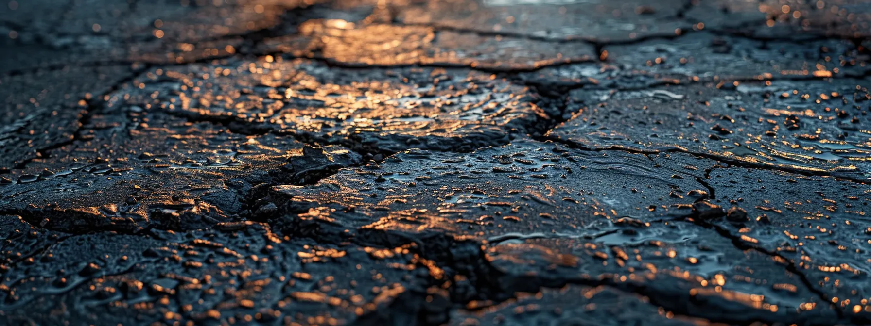 a close-up shot of a textured asphalt surface in an urban setting, showcasing distinct types of cracks—deep structural fissures alongside shallow surface breaks—illuminated by overhead artificial lighting, emphasizing the need for precise maintenance and repair techniques.