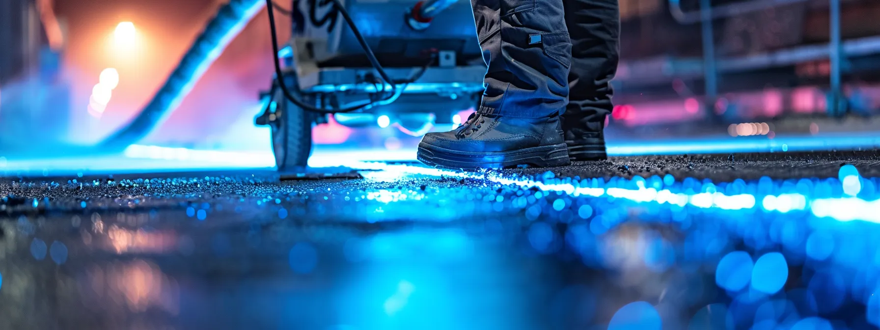a close-up view of a professional using a high-tech asphalt crack filler machine in an urban setting, showcasing vibrant liquid materials being expertly applied to a freshly repaired road surface, illuminated by bright industrial lighting.