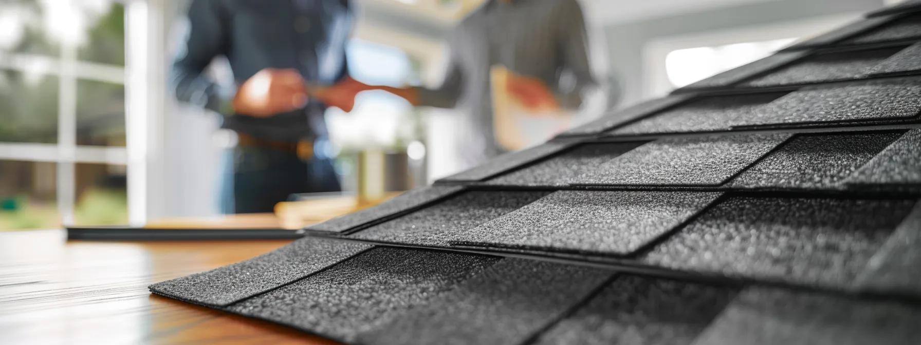 a close-up view of a professional contractor discussing roof replacement estimates with a homeowner in a modern office, highlighting charts and material samples on an elegant conference table, showcasing a blend of professionalism and detailed planning.