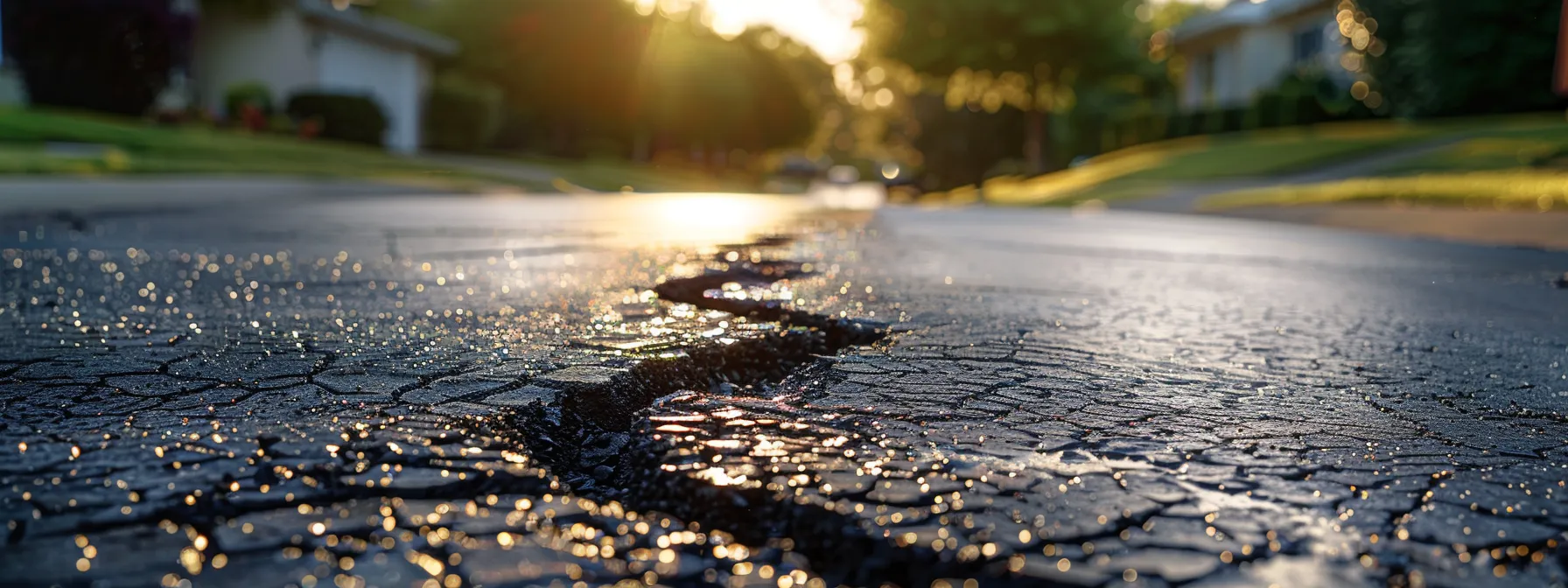 a close-up view of a freshly filled asphalt crack on a well-maintained driveway, showcasing the smooth texture and rich black hue, set against a backdrop of a modern suburban home in virginia, highlighting the importance of proactive maintenance for asphalt longevity.