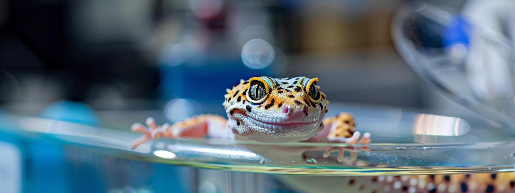 a close-up shot of a leopard gecko confined in a sterile glass tank, showcasing its unique skin patterns while surrounded by medical supplies and diagnostic tools, emphasizing the theme of reptile health care. a close-up shot of a leopard gecko confined in a sterile glass tank, showcasing its unique skin patterns while surrounded by medical supplies and diagnostic tools, emphasizing the theme of reptile health care.