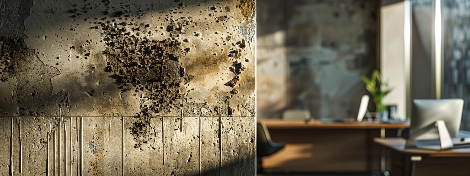 a close-up view of a water-damaged wall in a dimly lit office setting, showing visible signs of mold growth and peeling paint, emphasizing the urgent need for property maintenance and moisture monitoring after flooding or leaks. a close-up view of a water-damaged wall in a dimly lit office setting, showing visible signs of mold growth and peeling paint, emphasizing the urgent need for property maintenance and moisture monitoring after flooding or leaks.