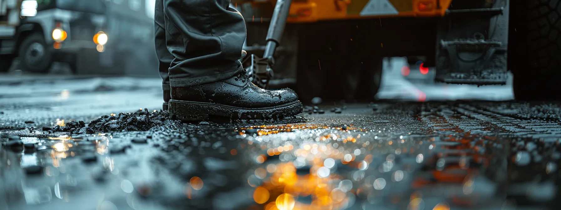 a close-up view of a professional seal coating technician applying a glossy black sealant on a freshly cleaned asphalt surface in a bustling urban environment, showcasing the precision and care involved in the pavement protection process.