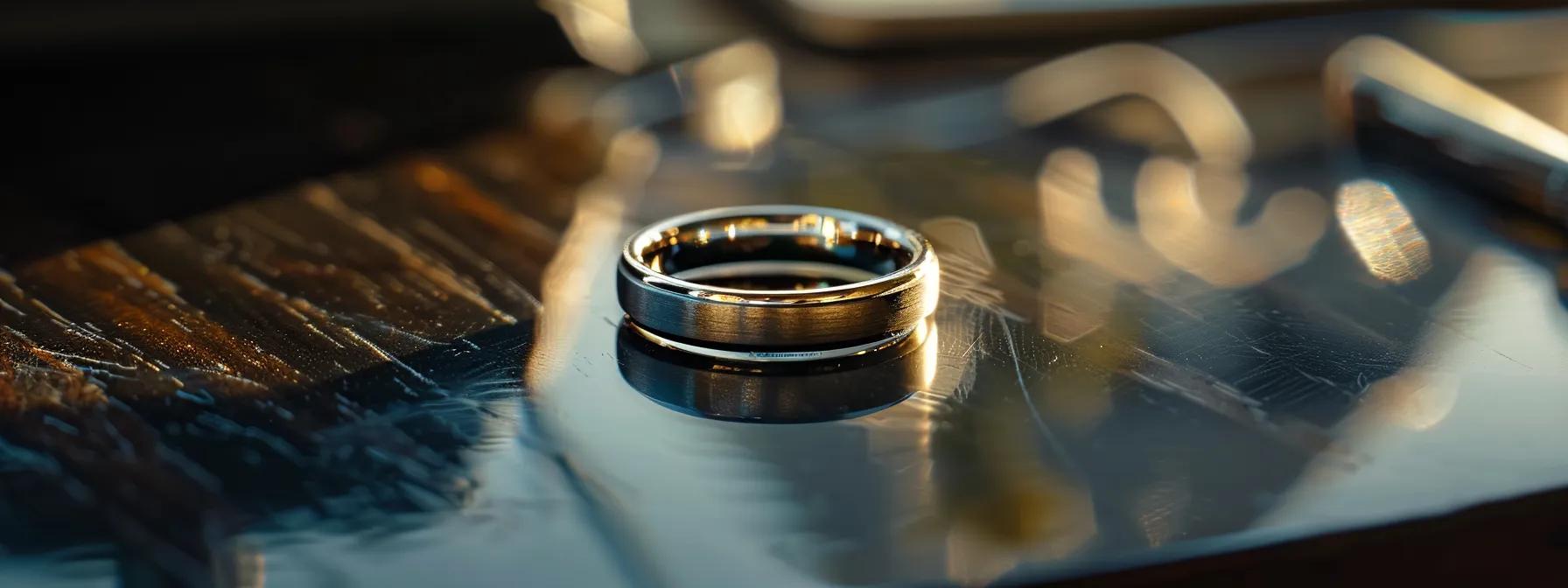 a close-up of a beautifully crafted tungsten wedding ring resting on a sleek, modern desk, highlighted by dramatic spotlights that emphasize its polished surface and custom-fit design, suggesting comfort and style tailored for an active lifestyle. a close-up of a beautifully crafted tungsten wedding ring resting on a sleek, modern desk, highlighted by dramatic spotlights that emphasize its polished surface and custom-fit design, suggesting comfort and style tailored for an active lifestyle.