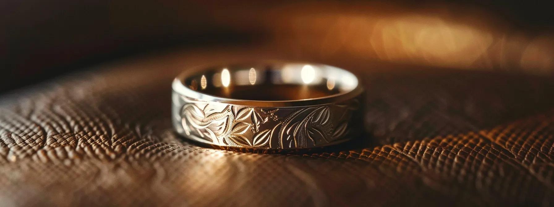 a close-up shot of a beautifully crafted tungsten wedding band, showcasing intricate custom engravings and unique inlays, set against a softly lit, stylish office backdrop to convey modern sophistication and individuality. a close-up shot of a beautifully crafted tungsten wedding band, showcasing intricate custom engravings and unique inlays, set against a softly lit, stylish office backdrop to convey modern sophistication and individuality.