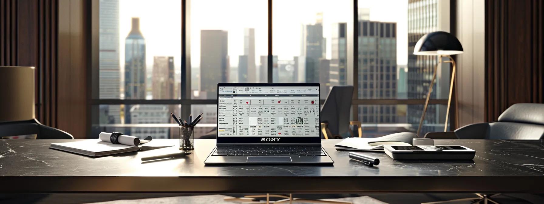 a close-up of a sleek, modern office desk featuring a laptop displaying a mortgage calculator interface, surrounded by polished financial documents and a stylish pen, set against a backdrop of an urban skyline visible through large, contemporary windows.