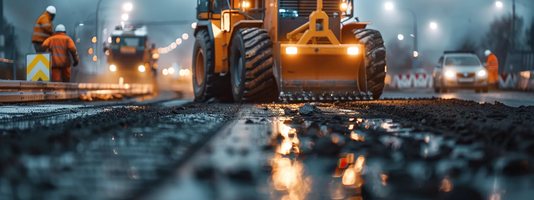 a close-up shot of a meticulous construction site, showcasing heavy machinery poised for asphalt paving, with a backdrop of engineers inspecting drainage plans and subsurface conditions under artificial lighting, emphasizing the importance of thorough preparation before the paving process begins.