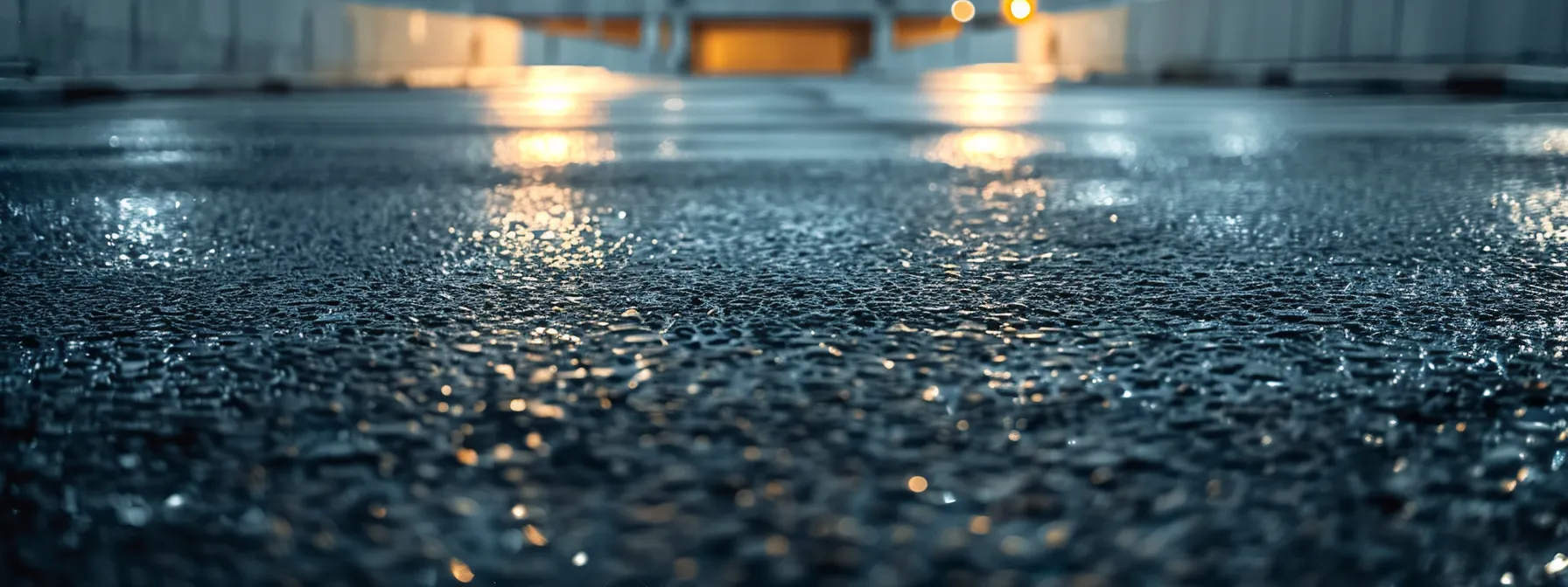 a close-up view of a smooth, freshly sealcoated asphalt surface glistening under bright fluorescent office lights in a modern urban parking lot, emphasizing its sleek finish and protective qualities.