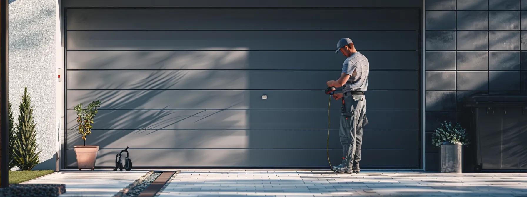 a close-up shot of a residential garage door in a well-lit, modern garage, showcasing a technician analyzing its complex panel configuration while highlighting visible signs of wear and malfunction, such as broken springs and off-track cables. a close-up shot of a residential garage door in a well-lit, modern garage, showcasing a technician analyzing its complex panel configuration while highlighting visible signs of wear and malfunction, such as broken springs and off-track cables.