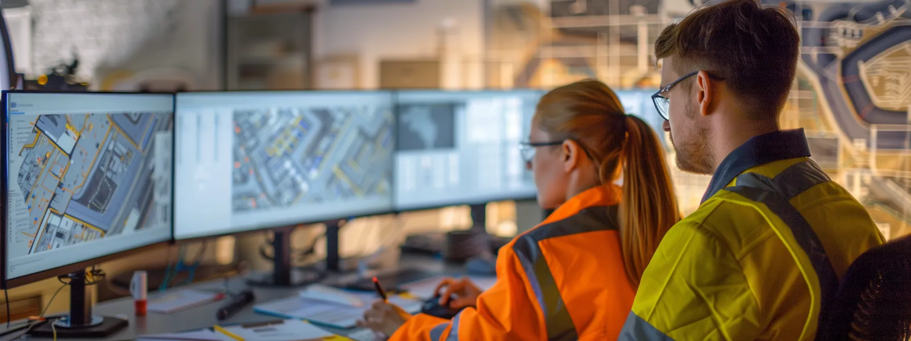 a close-up view of an office setting where civil engineers analyze asphalt samples under bright, focused lighting, with a detailed chart of maintenance strategies prominently displayed on the wall behind them.