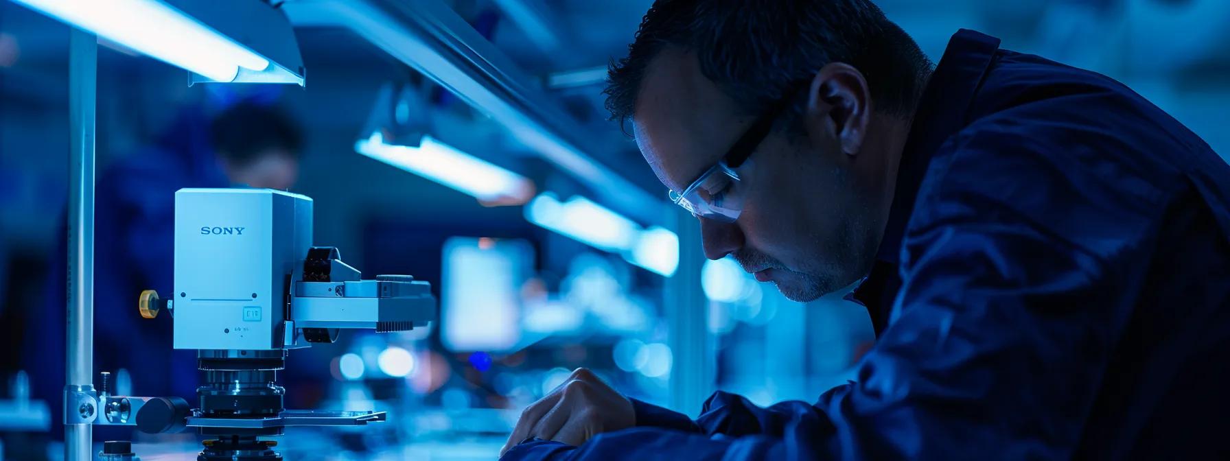 a close-up, high-contrast shot of a skilled technician meticulously inspecting precision metal parts in a sleek, modern aerospace manufacturing facility, illuminated by cool overhead lighting.
