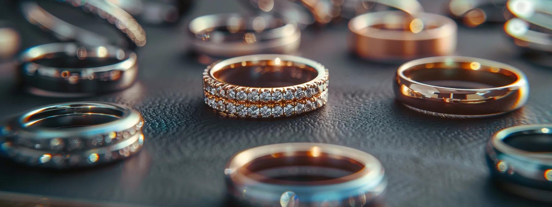a close-up shot of a variety of unique alternative wedding rings displayed artfully on a sleek, modern office desk, highlighting their diverse materials and intricate designs under warm, focused lighting to enhance their symbolic significance.