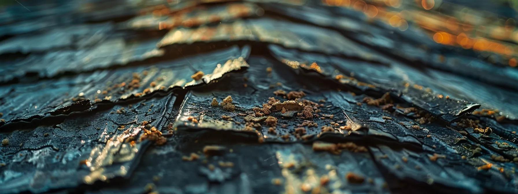 a close-up shot of a worn roof with curling shingles and visible granule loss, set against the backdrop of a tidy urban home interior, highlighting the importance of roof maintenance for indoor air quality and safety. a close-up shot of a worn roof with curling shingles and visible granule loss, set against the backdrop of a tidy urban home interior, highlighting the importance of roof maintenance for indoor air quality and safety.