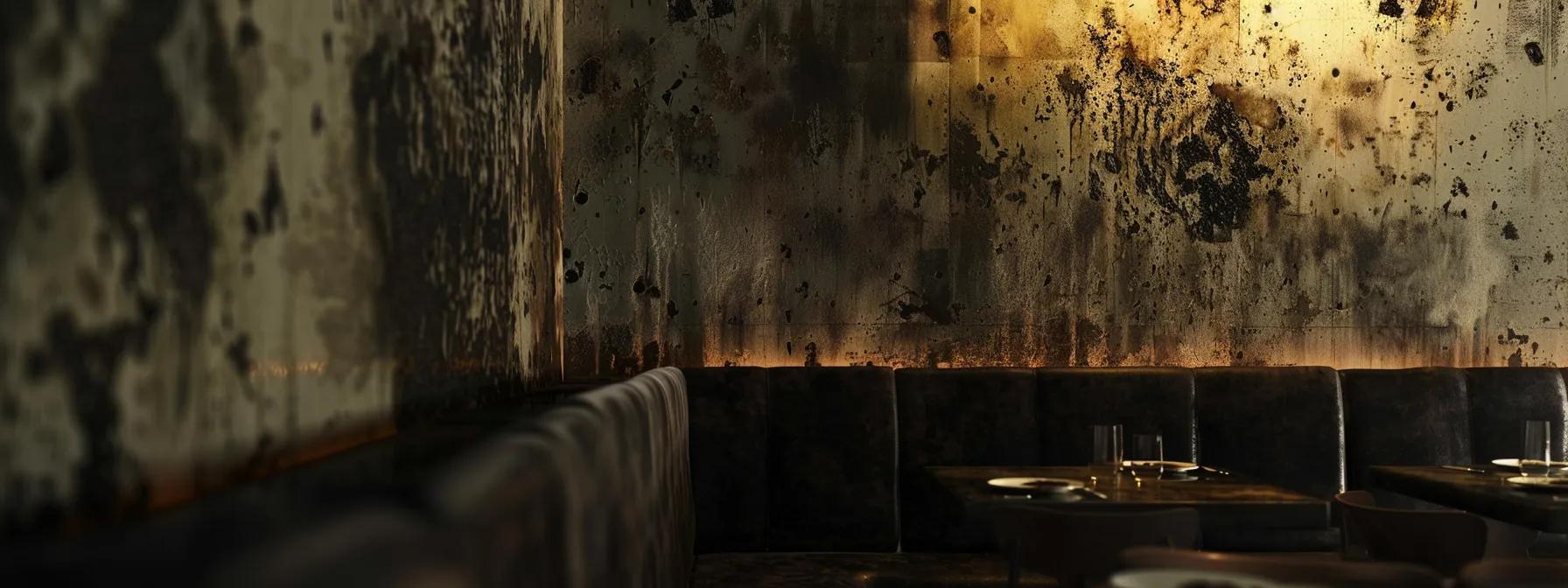 a close-up shot of a damp interior wall displaying irregular dark patches of black mold, illuminated by harsh artificial lighting that accentuates the texture and color variation in the mold growth, set against a stark, unfinished room backdrop to emphasize the urgency of mold remediation. a close-up shot of a damp interior wall displaying irregular dark patches of black mold, illuminated by harsh artificial lighting that accentuates the texture and color variation in the mold growth, set against a stark, unfinished room backdrop to emphasize the urgency of mold remediation.